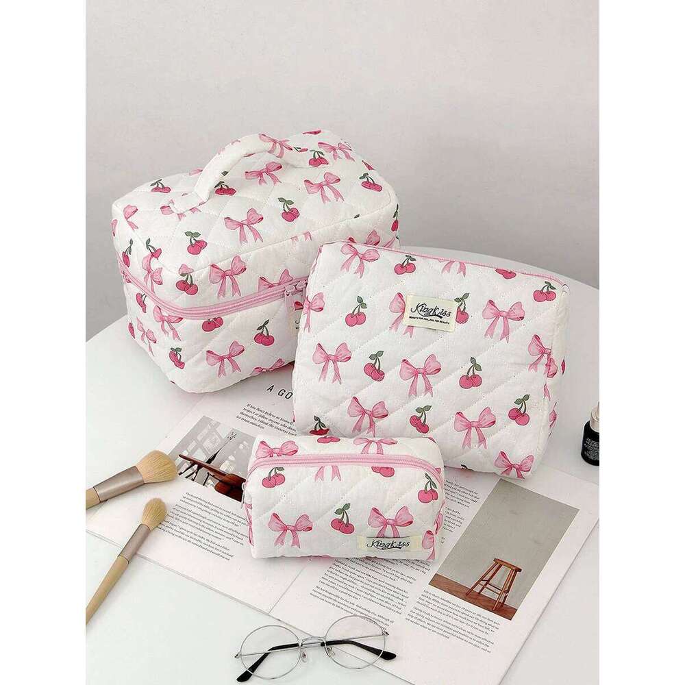 1pc/set Cherry Bow Quilted Multifunctional Handheld Makeup Bag, Portable Toiletry Bag Set with Zipper XJ260310