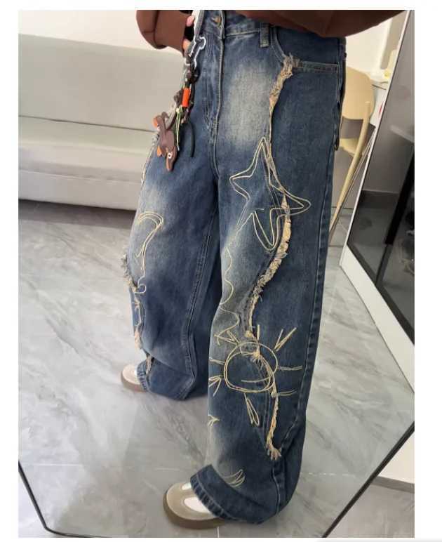 New Large Size Retro Women Loose Wide-leg Mopping Jeans Fashion High Waist Versatile Age-reducing Blue Printed Straight Trousers M260310