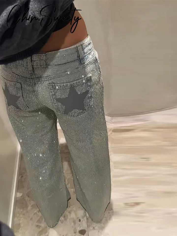 Chic Diamond Decor Womens Denim Pants Shiny Stars Mid Waist Lady Straight Pant 2026 Spring Fashion Female Street Trousers NewT260310