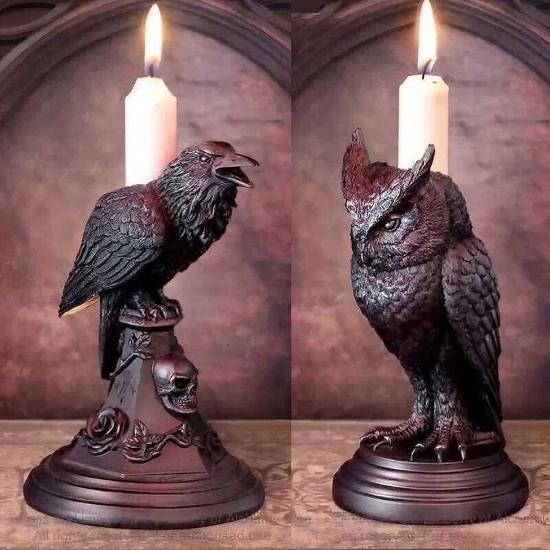 Gothic Crow Candle Holder Retro Black Owl Candlestick Resin Sculpture Craft Halloween Statue Fun Atmosphere Home Decoration H260310