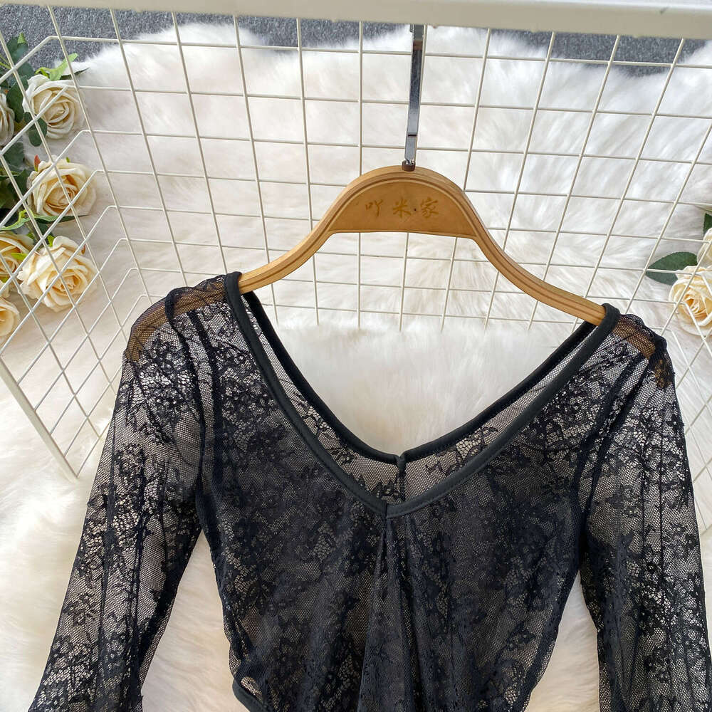 European and American sexy thin lace V-neck bell shaped sleeve women's jumpsuit summer design with tie 2026