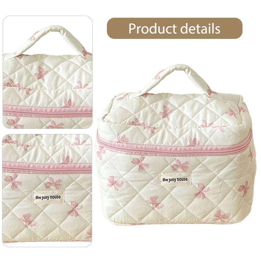 Cute Bow Toiletry with Zipper Makeup Storage Bag Cotton Quilted Cosmetic Organizer Case for Women and Girls XJ260310
