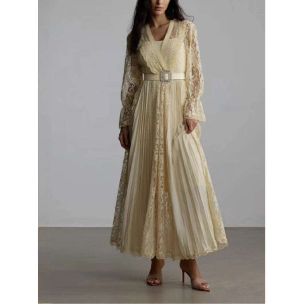 2026 Spring and Summer European and American Fashion Goddess Sexy Lace Transparent Splicing Wrinkle Two Piece Set Tassel Long Dress