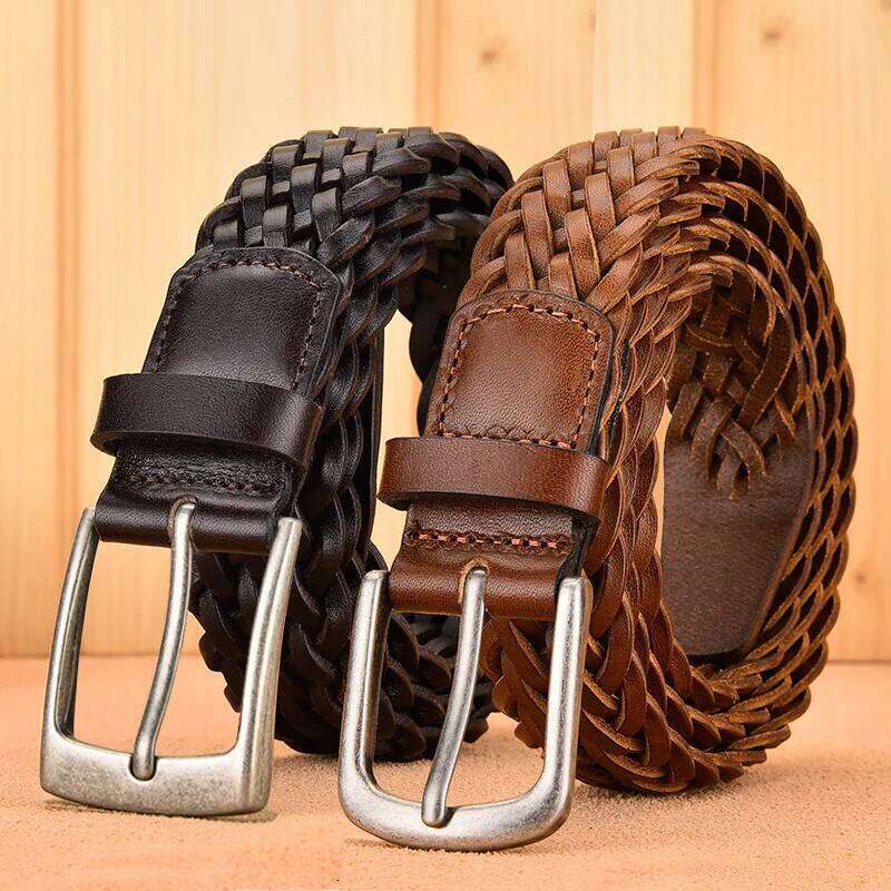 Width 3.4cm Brown Real Cowhide Braided Belt Casual Needle Buckle Head Layer Hollow Hand Woven Fashionable Personalized Trouser H260310