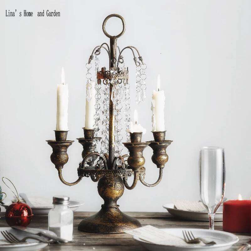 4 arms antique vintage golden metal candle holder crystal candelabra H260310
