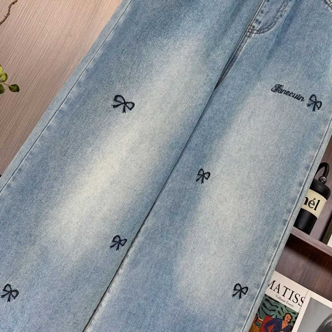 Plus Size Jeans Women 2025 Autumn Winter New Arrivals Bow Embroidery Wide Leg Loose Jeans Woman Trousers Elastic Waist Jeans M260310