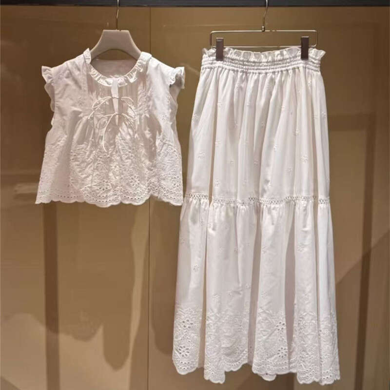 2026 Spring and Summer New Designer Hollow Embroidery Ruffle Sleeve Women's Shirt Skirt Set