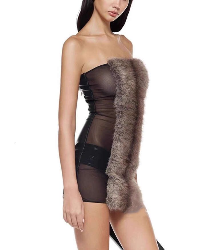 2026 New European and American Fashion Sexy Strapless Fur Splicing Mesh Transparent Design Slimming Mini Dress