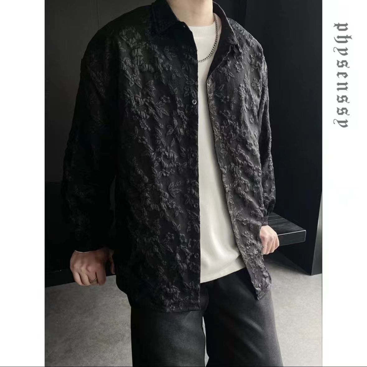 Luxury Brand Designer Clothes Summer Men's New Trendy Fashion Retro Swallowtail Three-Dimensional Jacquard Versatile Turn-Down Collar Casual Long