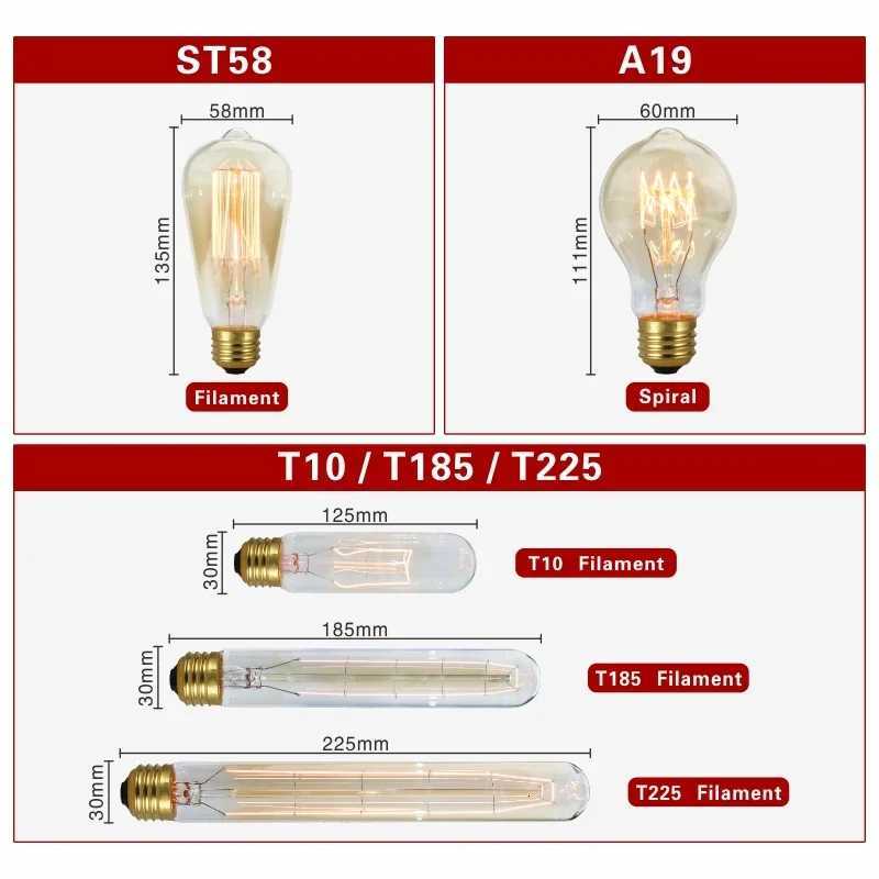 4pcs Retro Edison Bulb E27 220V 40W Light Bulb A60 ST64 T10 T45 T185 G80 G95 Filament Vintage Ampoule Incandescent Spiral Lamp H260310