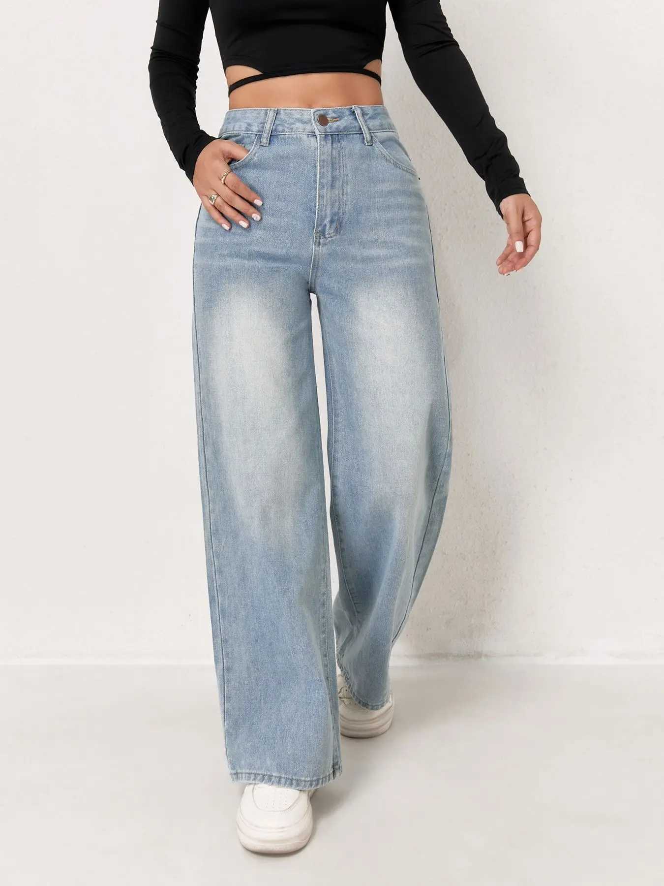 European and N Trend Washed Blue Wide Leg Jeans Women Jeans Women Comfortable Fashion All-matching Trend Jeans M260310