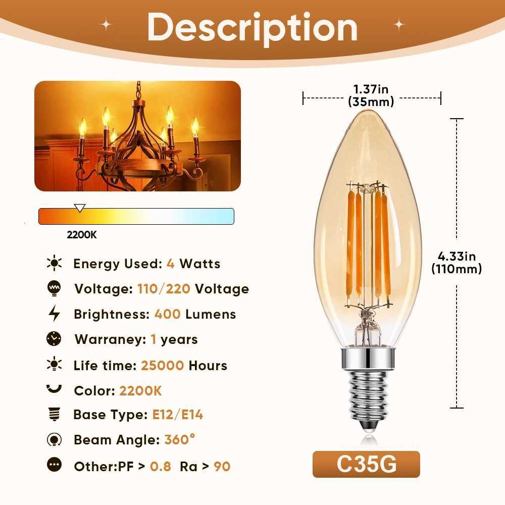 10Pcs Candle Lamp C35 E14 Led Dimmable 4W 220V 110V E12 2200K Warm White Indoor Vintage Chandelier Replaceable Light Bulb Decor H260310