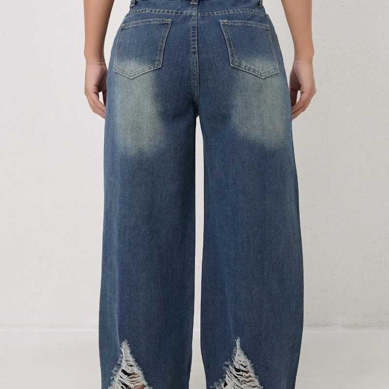 Autumn and Winter Trendy High-waisted Ripped Loose Wide-leg Straight-leg Jeans for Women Casual Fashionable and Versatile M260310