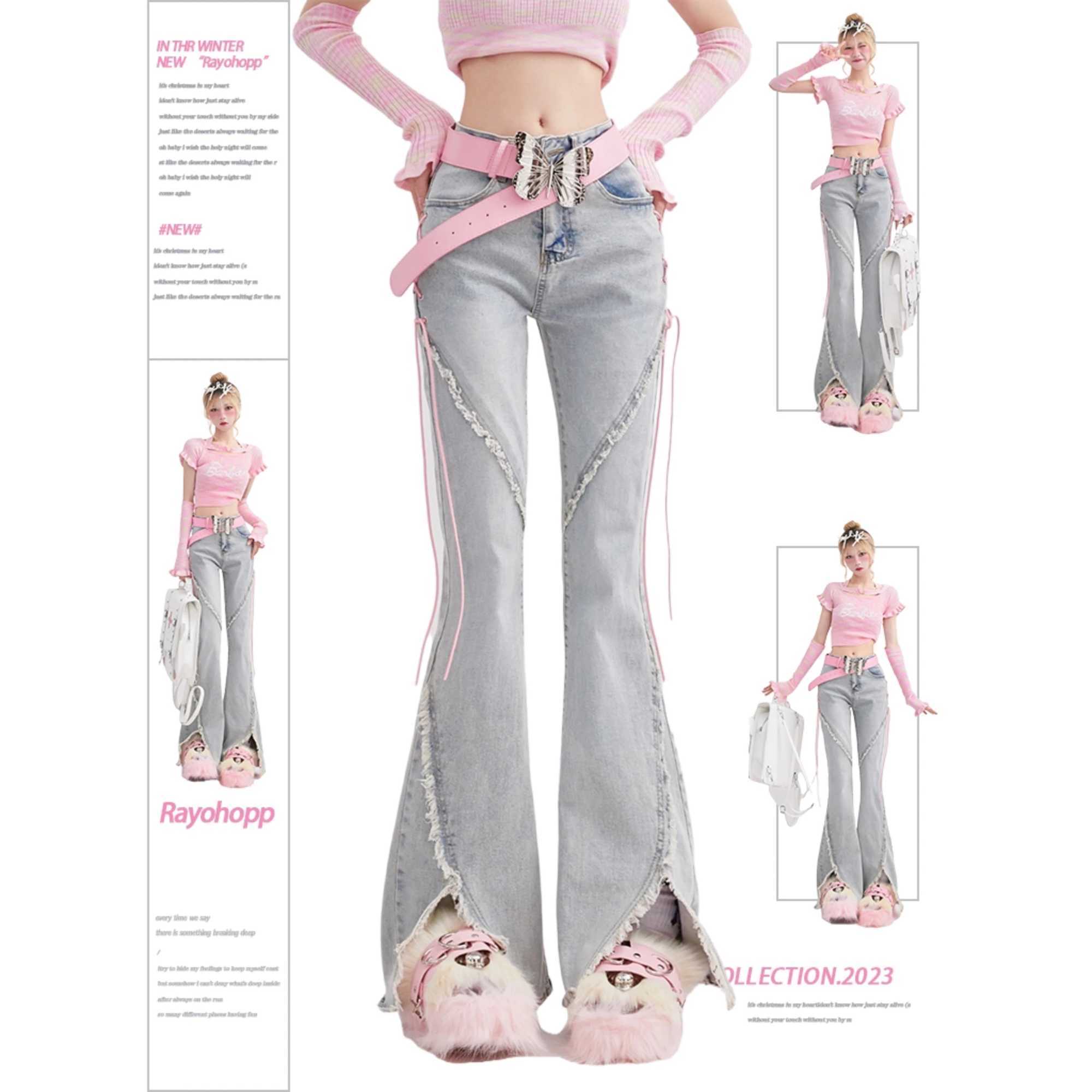 Harajuku Streetwear Retro Fashion Women High Waist Jeans Horn Fork Design Wide Leg Straight Loose Denim Trousers Y2K Baggy Pants M260310