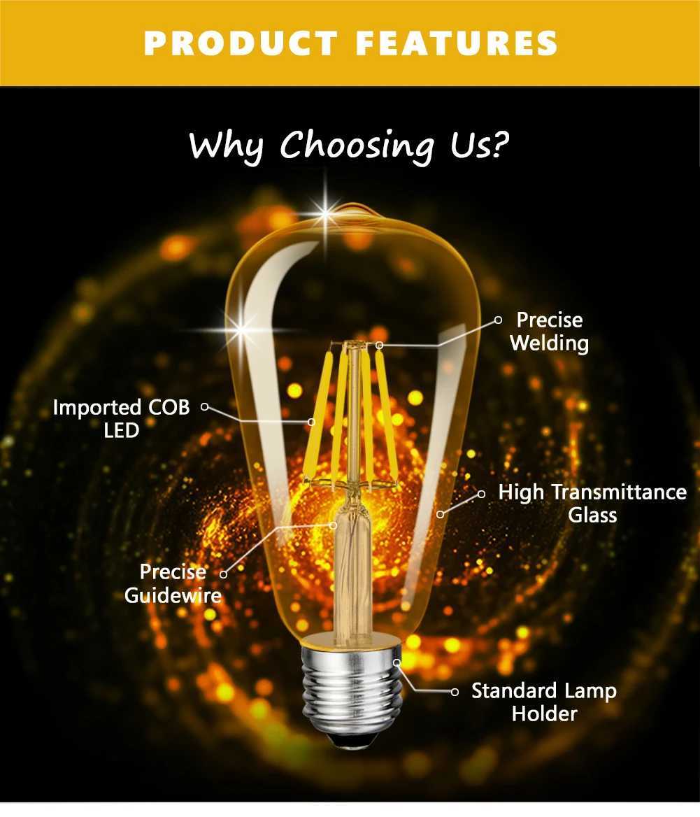 6pcs ST64 Dimmable LED Filament Light Bulb E27 220V 6W 2200K Amber Glass Vintage Edison Led Lights Decoration Energy Saving Lamp H260310