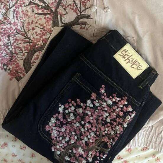 Gothic Jeans Y2K Clothes Men Women Harajuku Casual Sakura Embroidery Vintage Black Baggy Jean High Waist Wide Leg Trouser C260310