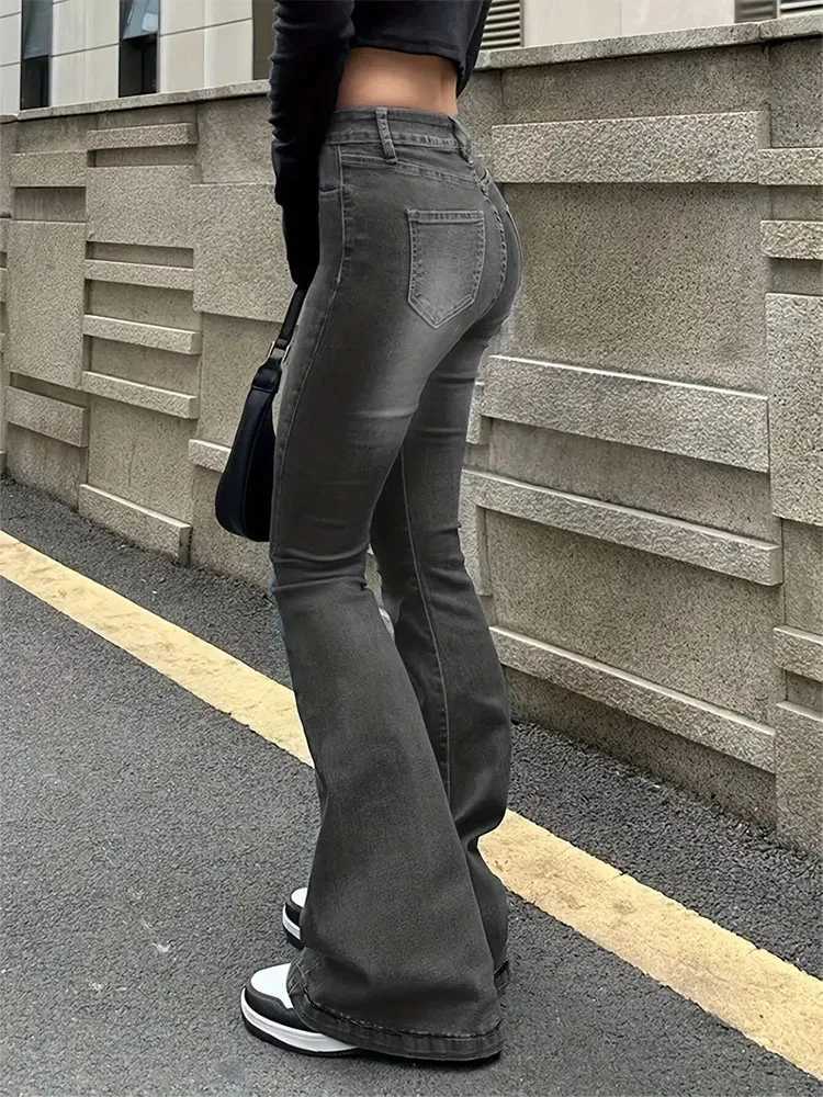 Women Stretch Thin Flared Jeans Lady Fashion High Waist Gray Denim Pants s Classic Fashion Straight Leg Trousers M260317