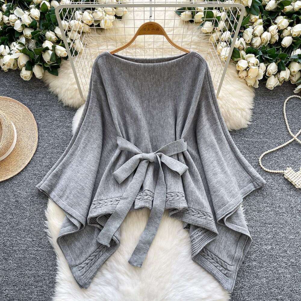 2026 casual fashion high-end tie waist off shoulder cape knitted women's sweater autumn loose fit versatile asymmetric