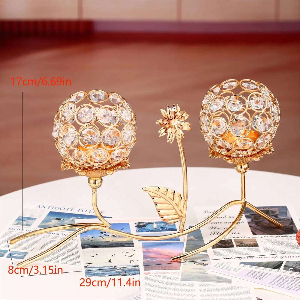 1pc Golden Crystal Candle Holder Dual-head Flower Candlesticks for Dining Coffee Table Wedding Events Parties Home Decor H260310