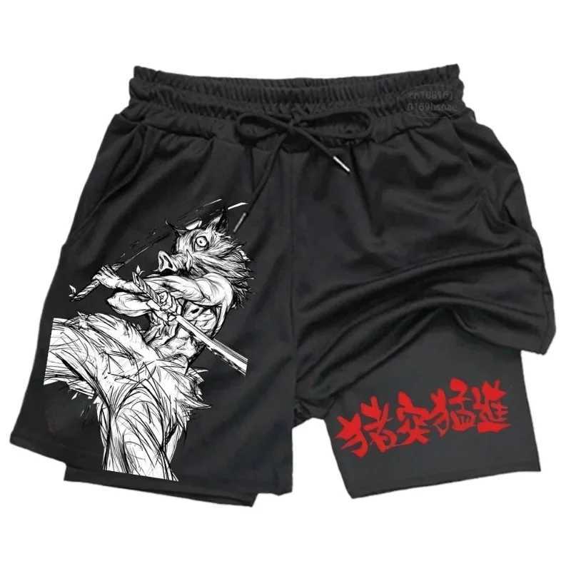 Mens anime printed fitness shorts double-layer 2-in-1 quick drying fitness outdoor leisure training sports shorts N260310