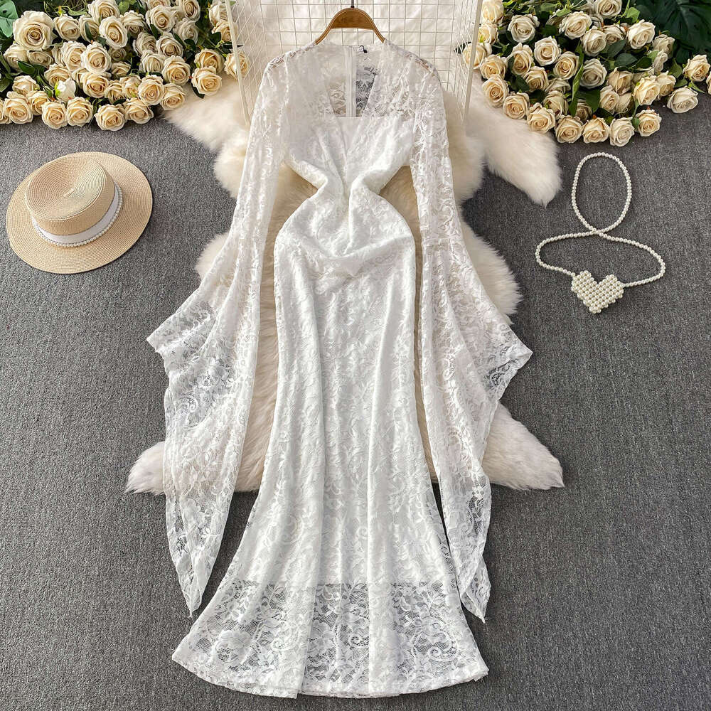 European and American style fashionable and elegant women's irregular bell shaped sleeves autumn sexy V-neck lace fishtail long skirt