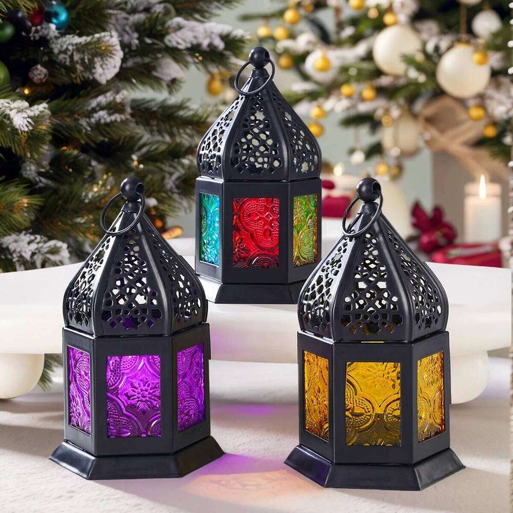 1 piece, decorations Christmas decorative candlestick, colored glass bead hollowed-out metal candlestick H260310