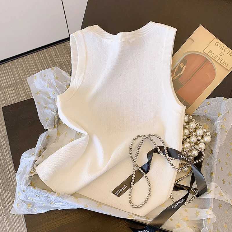 Korean Fashion Luxury Knit Vest Rhinestone Inlay, Slim Fit, Sexy Sleeveless Tank Top for SummerT260310