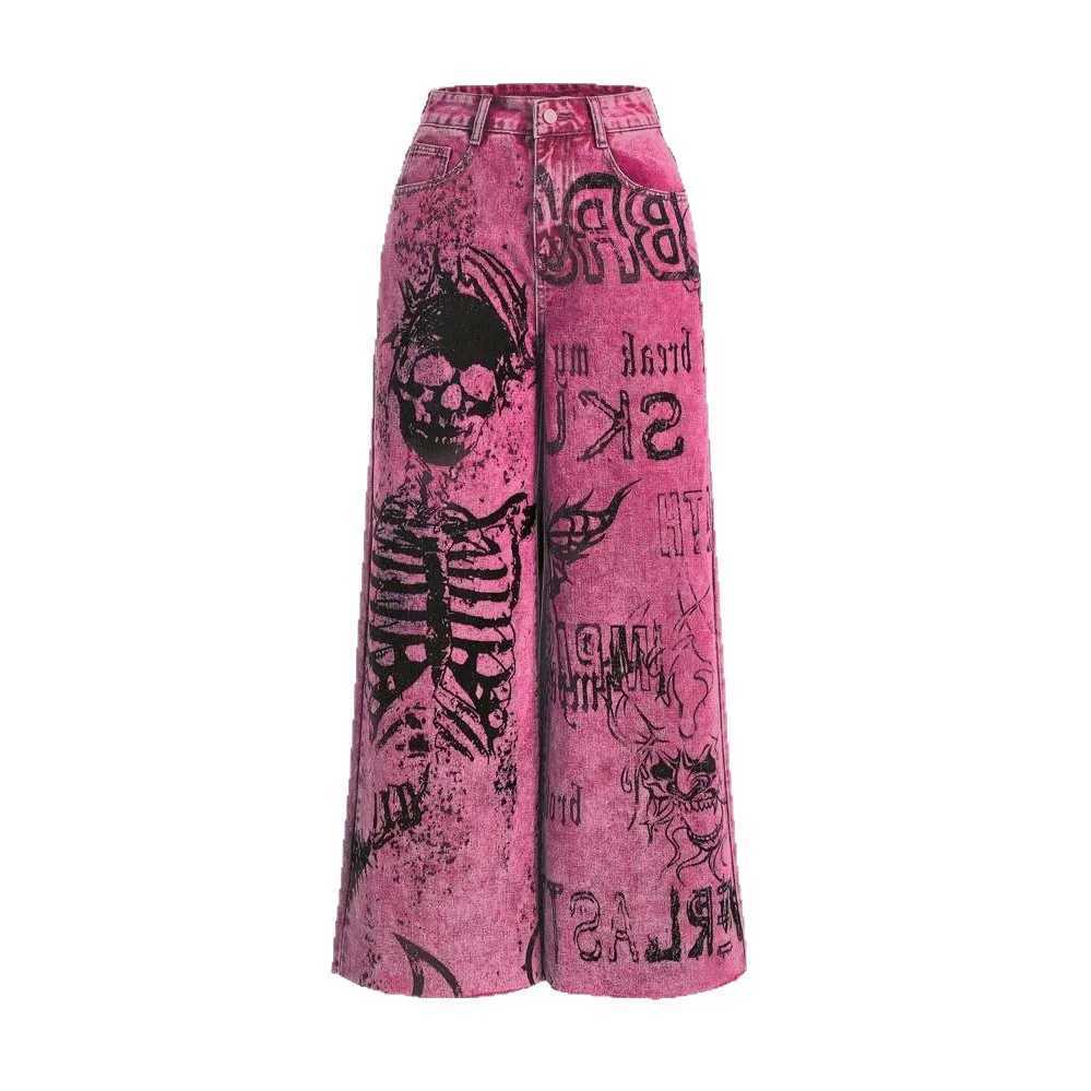 Pink Y2K Grunge Baggy Vintage Gothic Graffiti Skull Print 3D Lettering High Waist Wide Leg Pants Punk Fashion Streetwear M260310
