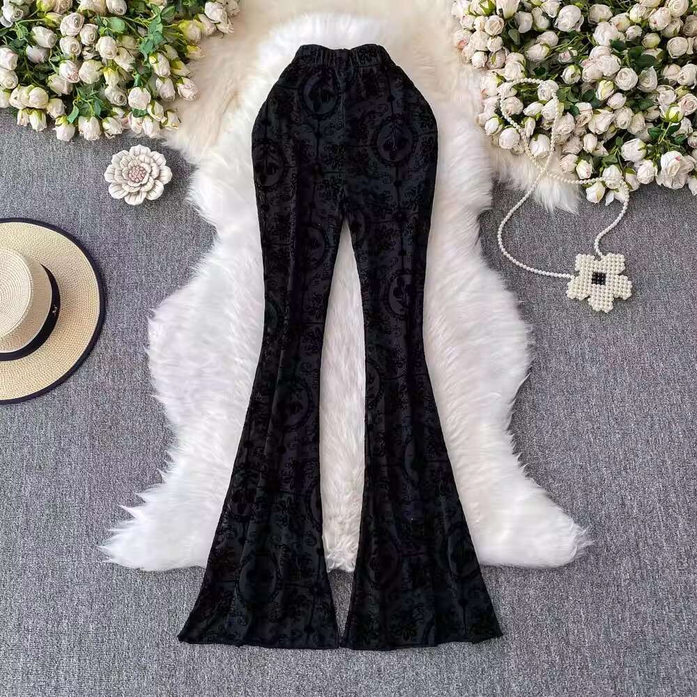 European and American spicy girl style printed long 2026 new high waisted slim fit women's casual bell bottom pants