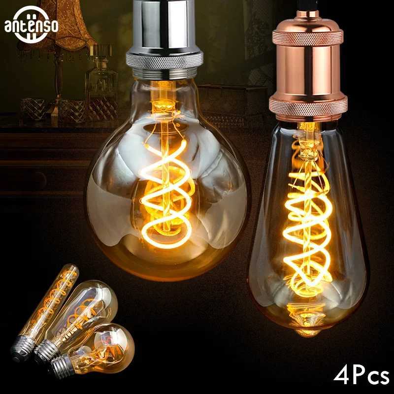 4Pcs Retro Dimmable LED Edison Bulb E27 E14 Gold Spiral Filament 4W Ampoule LED Lamp Incandescent Chandelier Decorative Lighting H260310