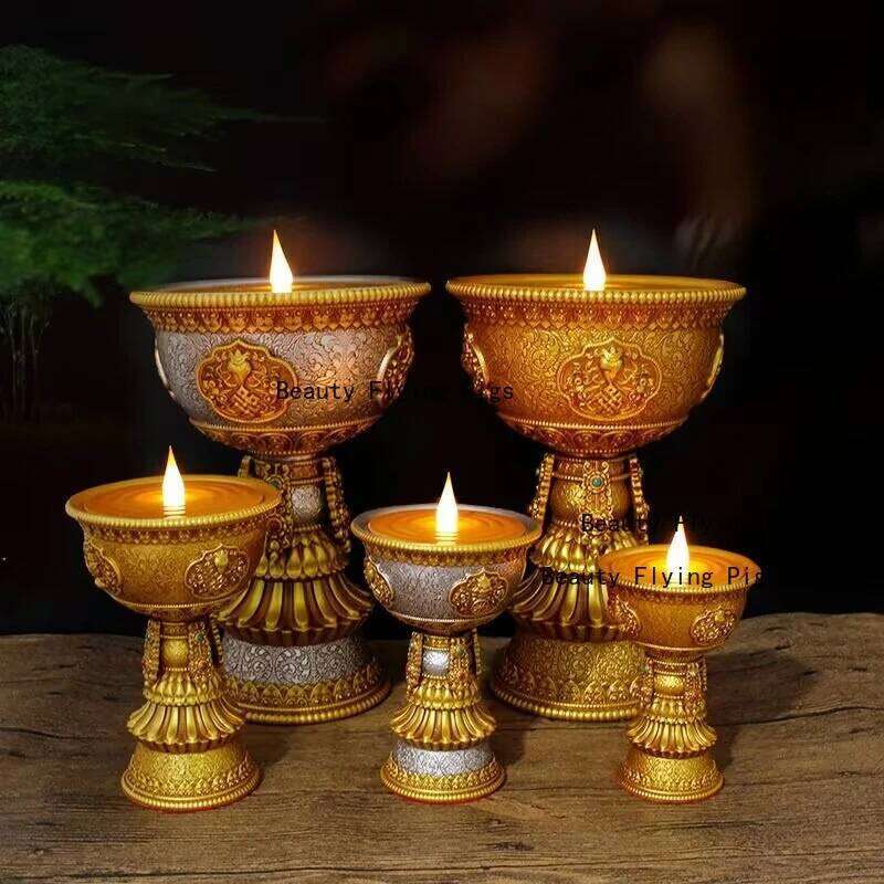 1pc Resin Rechargeable Candle Holder Tibetan Electronic Butter Lamp Buddhist Table Centerpiece Simulated Flame Home Decorative H260310