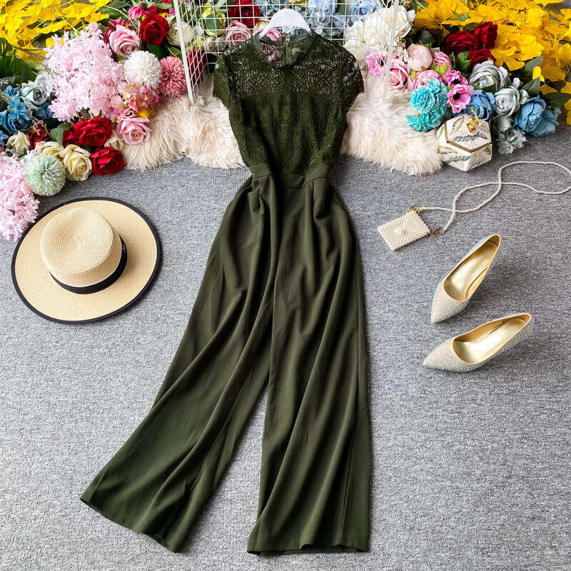 Fashionable and sexy women's 2026 summer series lace patchwork waist cinching slimming high waist straight leg long jumpsuit