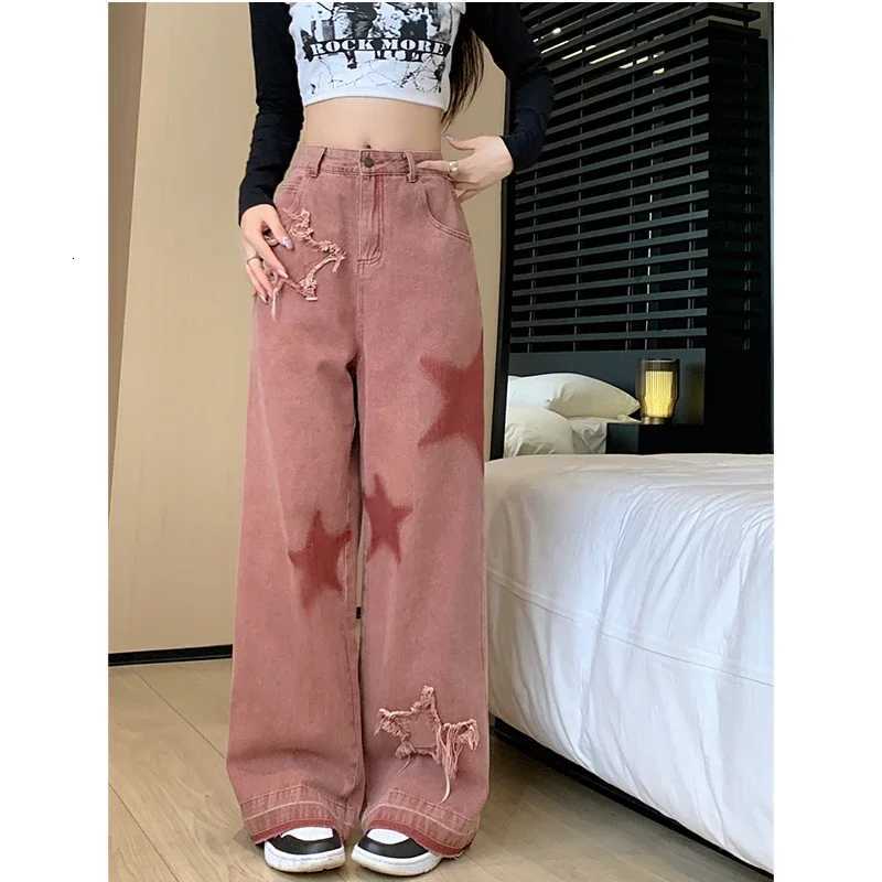 Women Streetwear Pink Jeans Vintage Star Print High Waisted American Retro Wide Leg Denim Pants Hip-hop Straight Y2K TrousersT260310