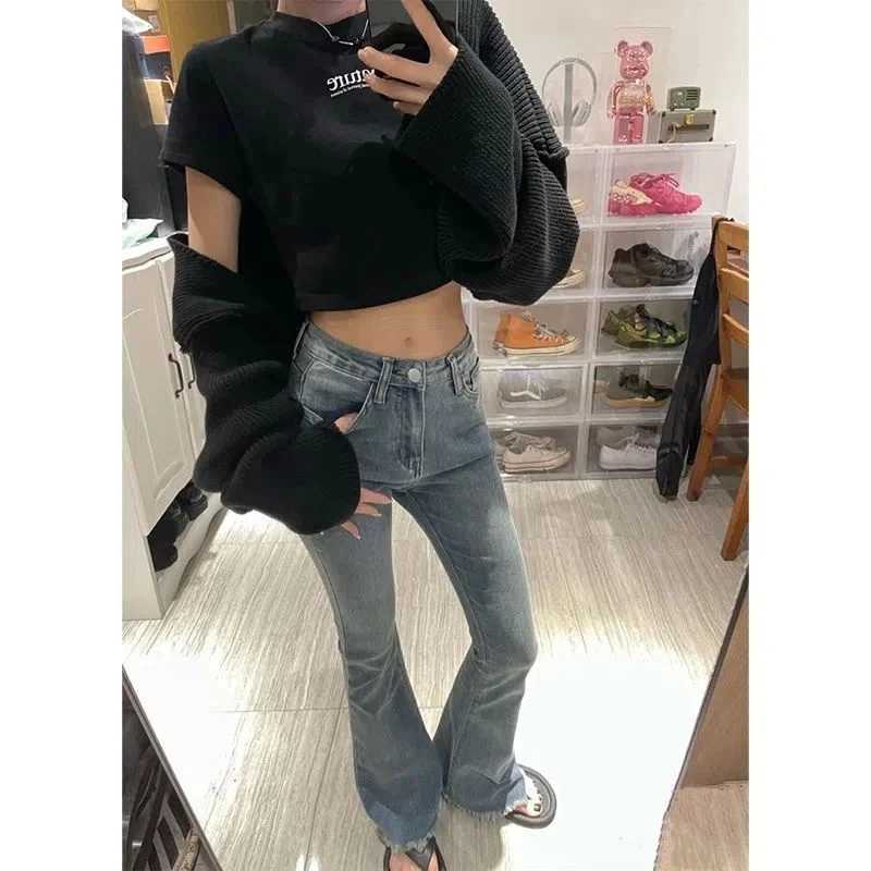 Bootcut Jeans Woman Punk Women Lapel Straight Travel Millennium Ladise Denim Fabric Paneled Geometric Texture Boho Folded Ladies M260310