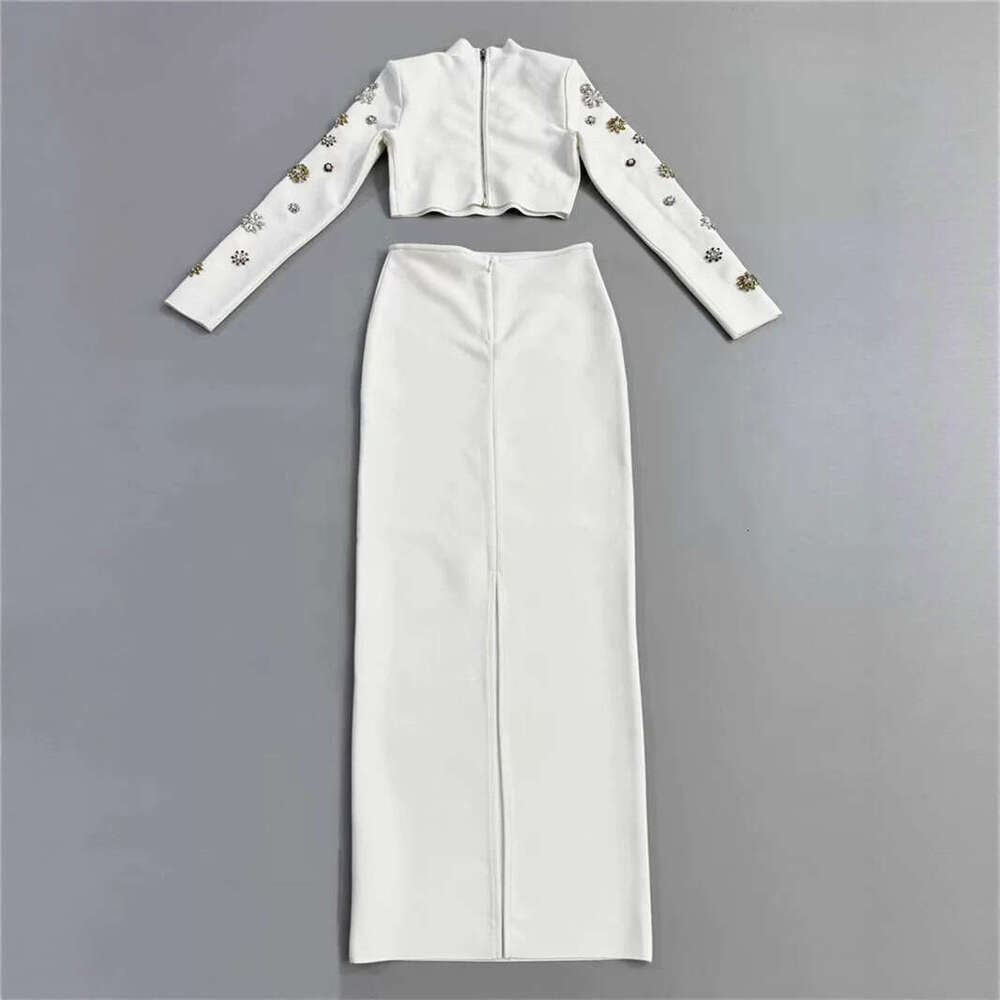 2026 autumn/winter European and American goddess style sexy thick bead decoration stand up collar short top slim fit mid skirt set