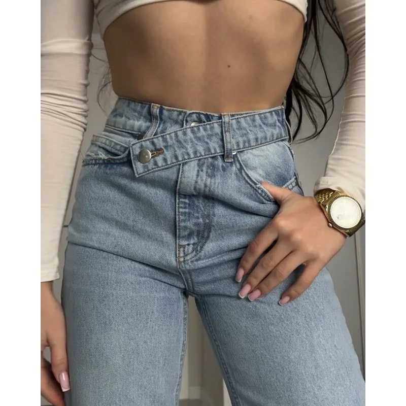 Autumn Dislocation Design High Waist Split Jeans Straight Trousers M260310