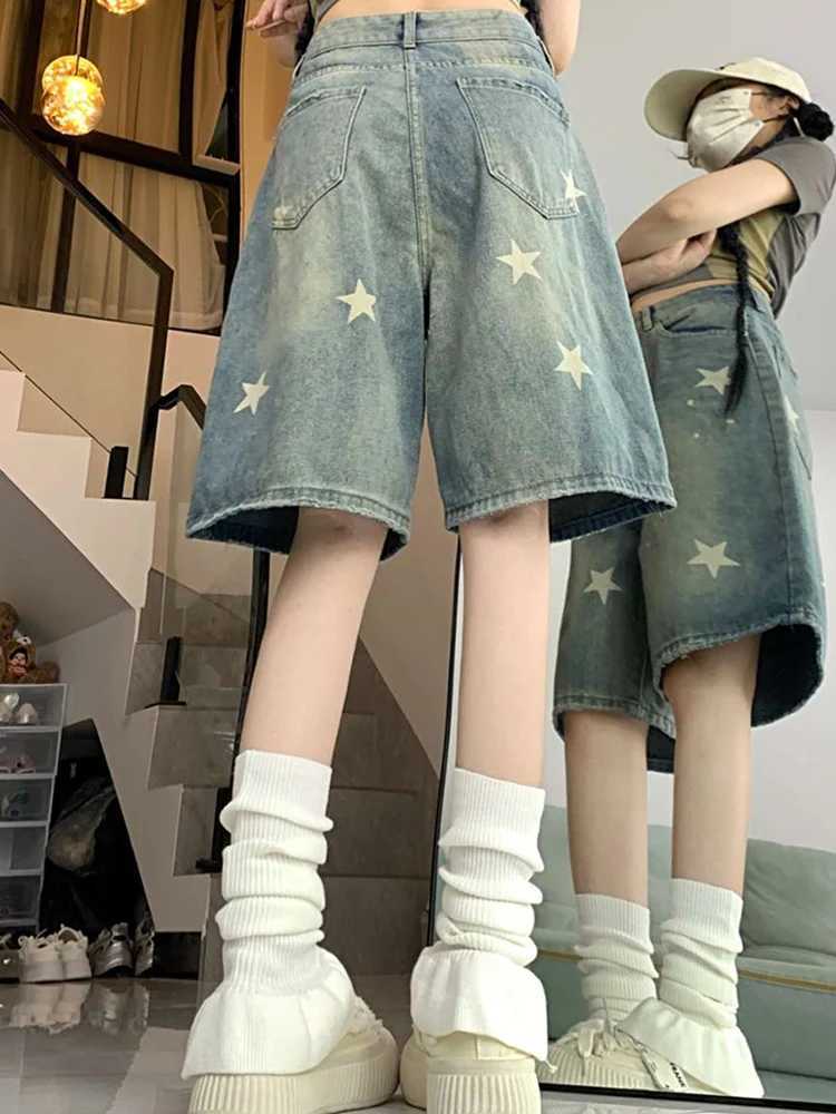 Women High Waist American Retro Washed Wide Leg Jeans Girls Street Do Old Star Loose Denim Pants Female Blue Knee Length Shorts M260310