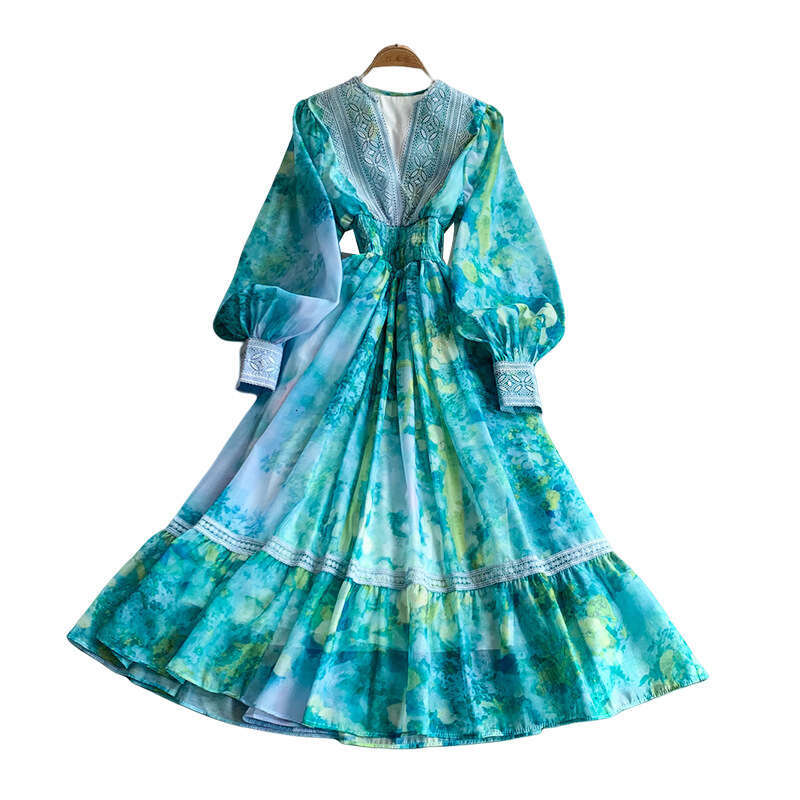 Women's cross-border French elegant lace patchwork V-neck lantern sleeve dress with summer print waistband