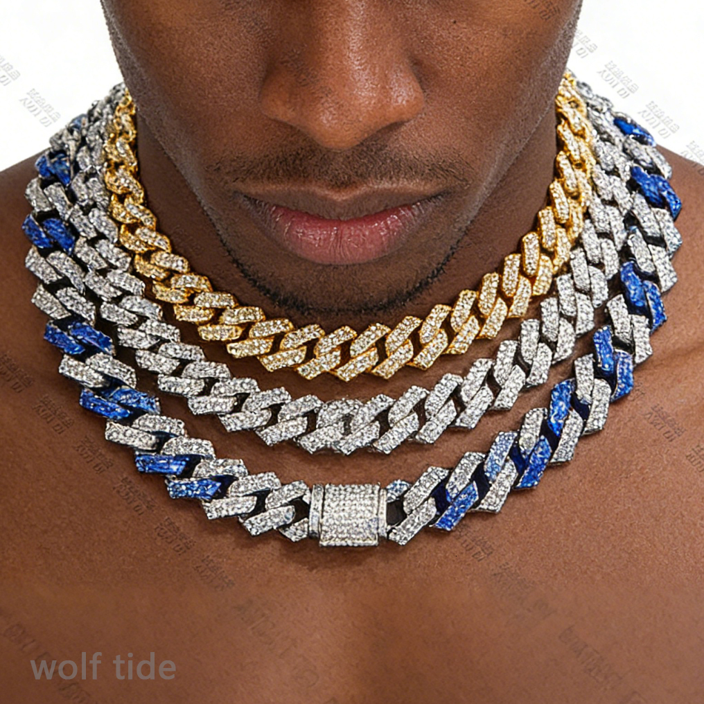 15mm Full Diamond Cuban Link Chain Necklace For Men Guys Iced Out Crystal Gemstone Miami Street Party Hip Hop Rap Jewelry Grunge Chunky Gold Curb Chai