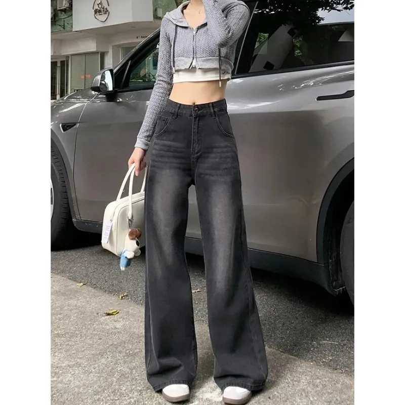 Casual High Waist Jeans Denim Loose Fit Personality Vintage Black Gray Straight Leg Wide Leg Trousers Women Womens pants M260310