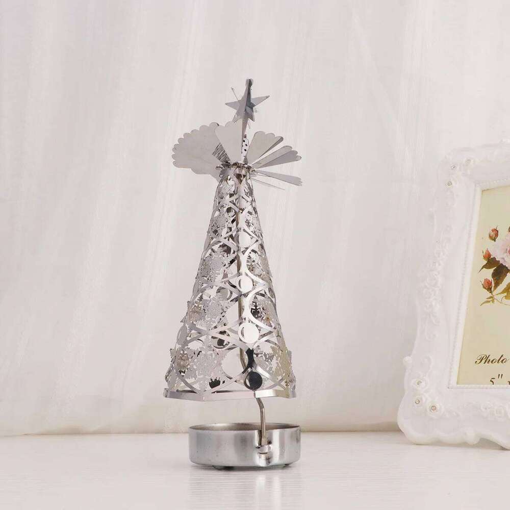 Christmas Rotation Silver Tree Shaped Revolving Candlestick Tea Light Holder for Holiday Party Decor Snowflake H260310