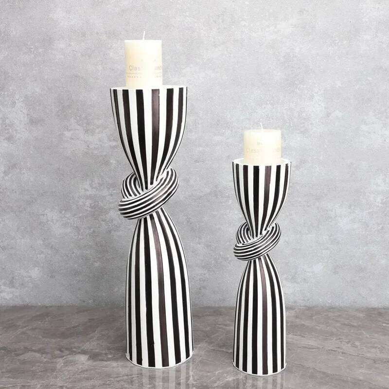 Black and White Striped Twisted Rope Knot Single Candle Holder, Resin, Dining Table Wedding Center Decoration, Modern Decoration H260310