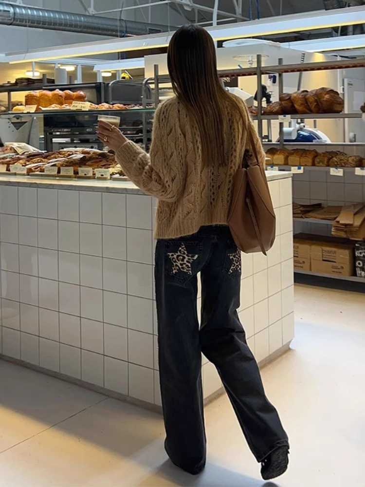 Deeptown Y2k Black Vintage Leopard Star Patchwork Women Jeans Punk American Style Denim Trousers Straight Baggy High StreetT260310
