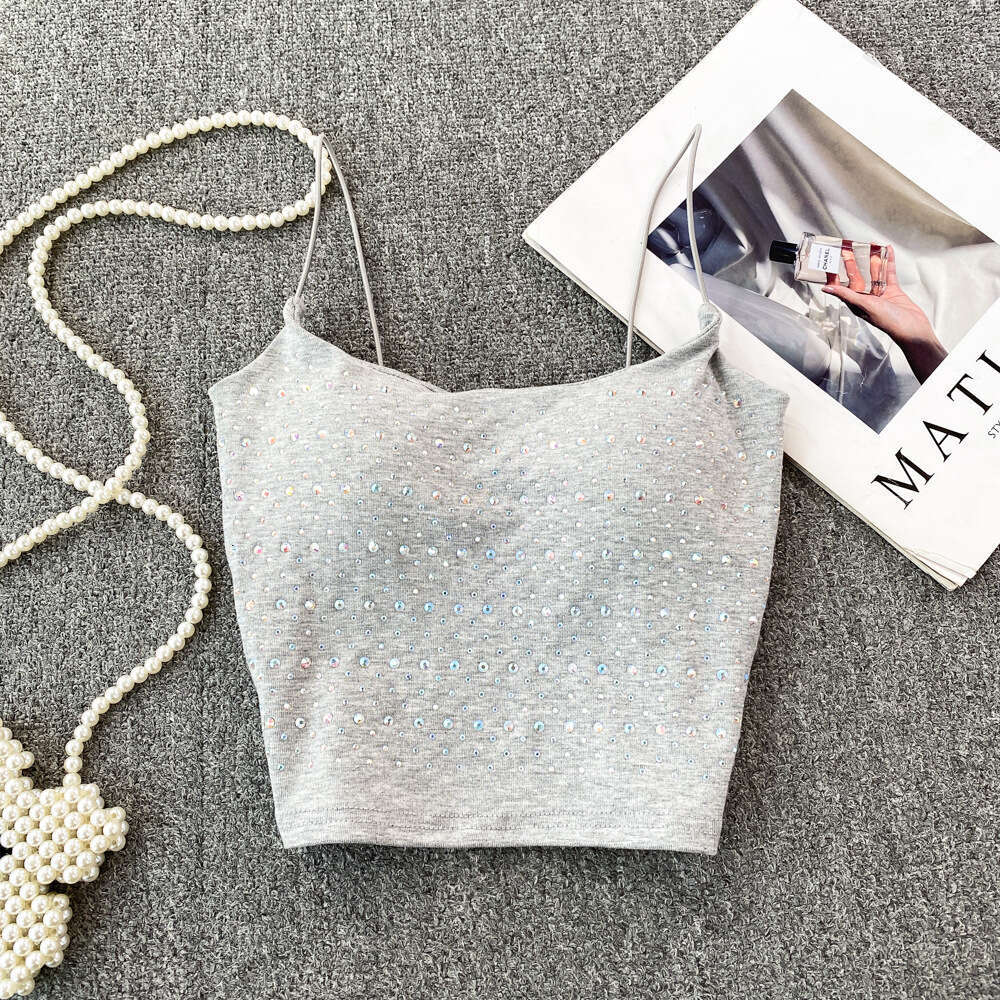 Rhine stone decorative vest with chest cushion, beautiful back, women's coat, pure desire, backless, slim fit, short bottom layer