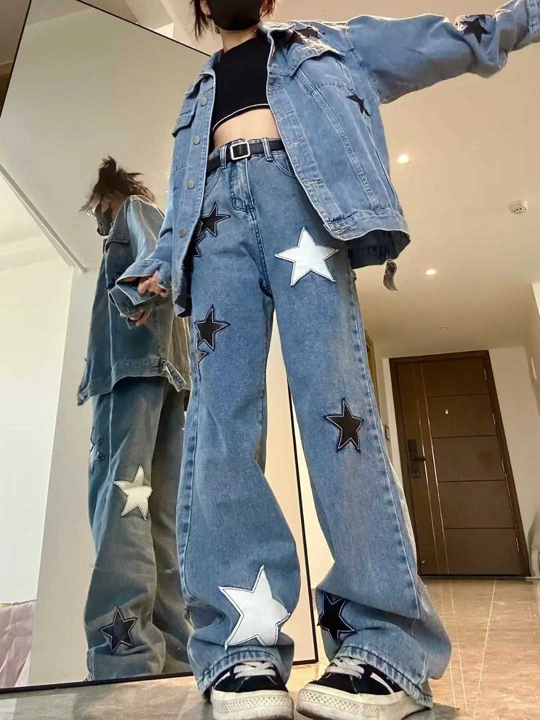 Star Print High Waist Jeans American Retro High Street Straight-leg Pants Patchwork Long Trousers Y2k Fashion Streetwear Baggy M260310
