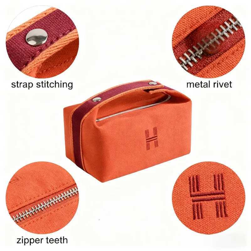Stylish Canvas Cosmetic Bag with Handle Embroidered H Pattern Makeup Organizer Portable Toiletry Bag for Travel Daily Use H260310