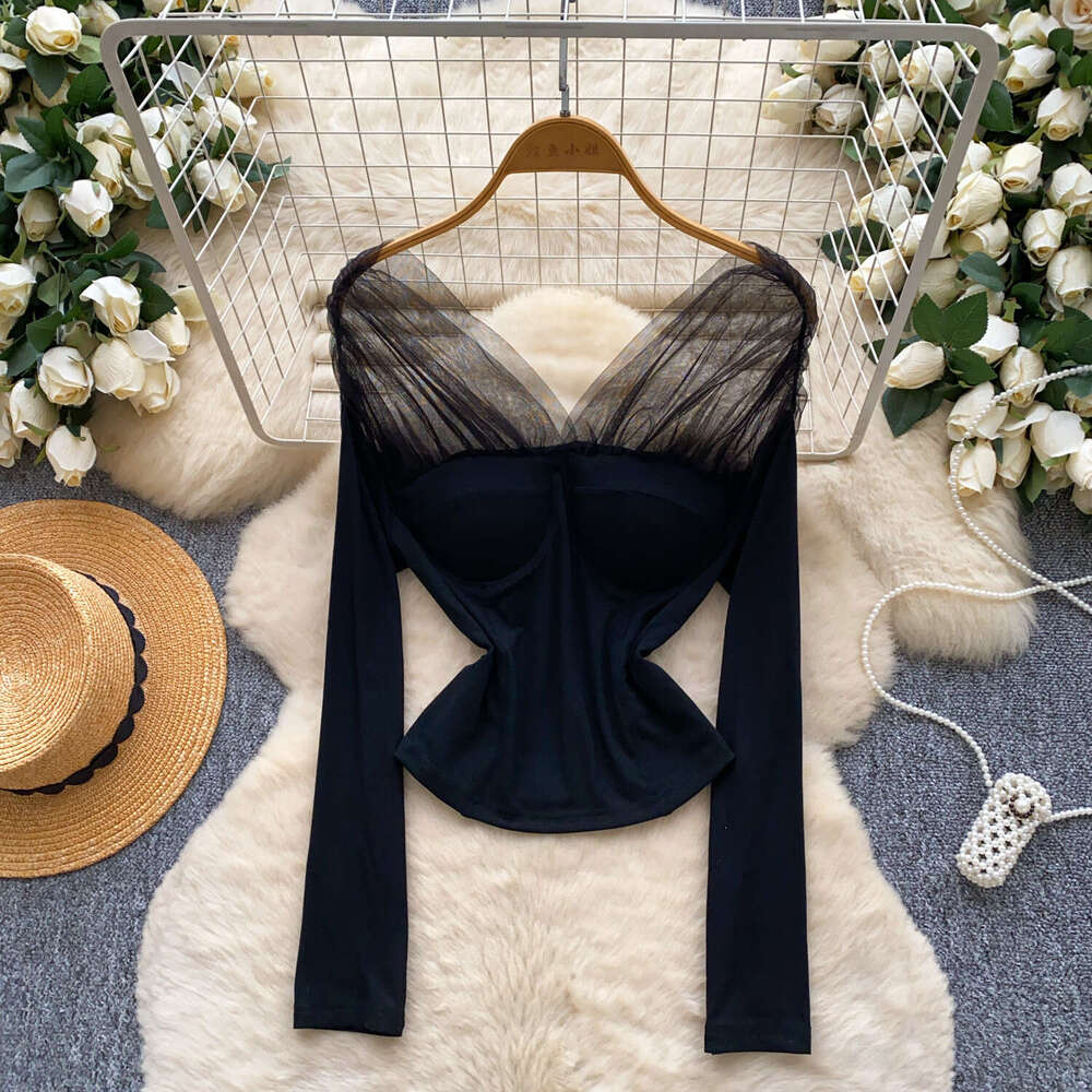 Designer spicy girl mesh patch long sleeved women's T-shirt for autumn 2026, high-end slim fit fashion base