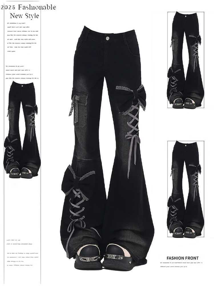 Womens Low Rise Flare Jeans Bow Lace Up Japanese Designer Denim Pants Shoujo Y2k American Retro Bell Bottom Jeans Harajuku New M260310