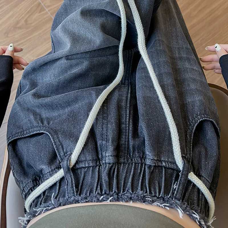 L - 6XL Plus Size Jeans For Woman High Elastic Waist Drawstring Black Jeans Women Streetwear Wide Leg Loose Casual Denim Pants M260310