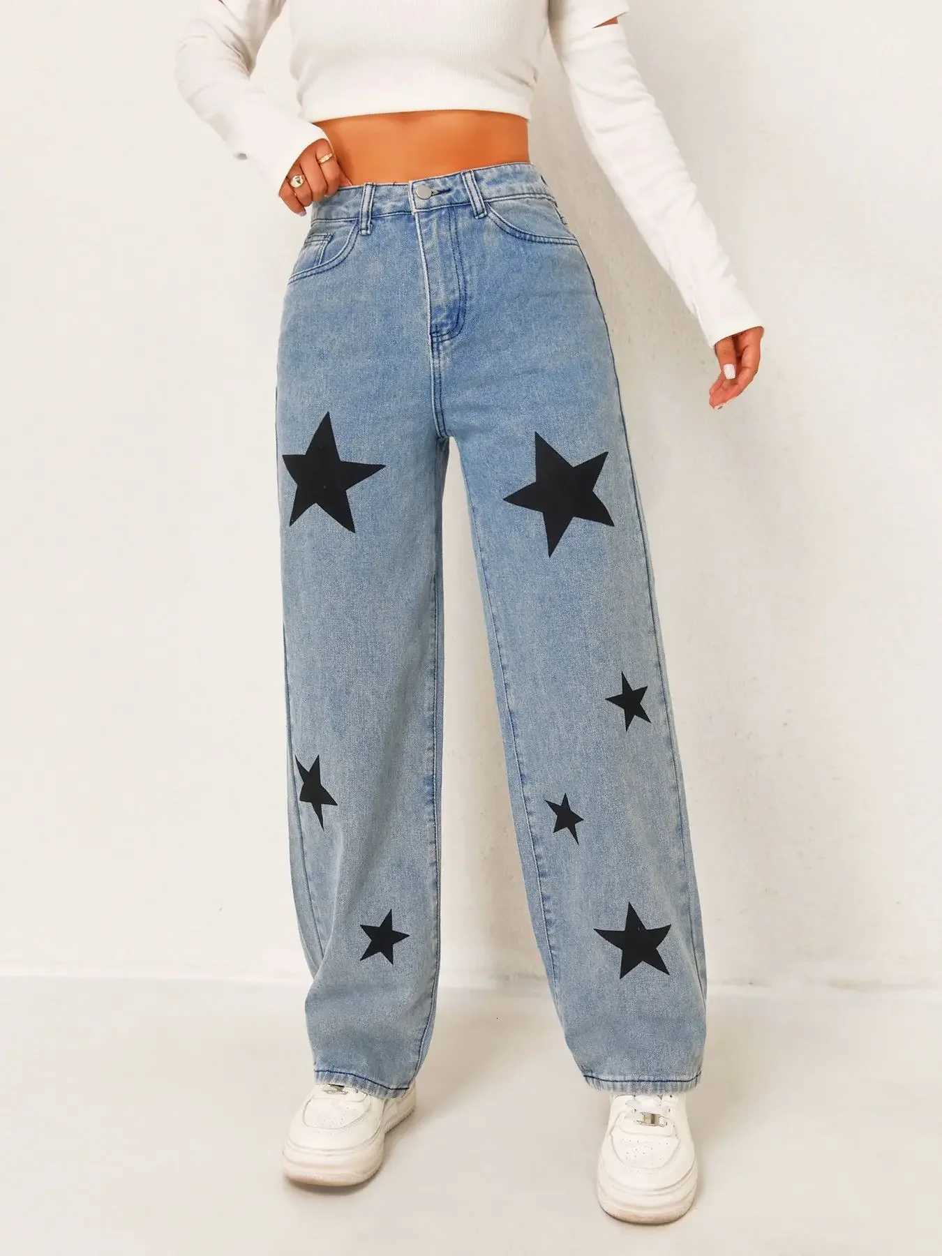 Women High Waist Star Print Wide Leg Baggy Denim Pants Trendy New FashionT260310